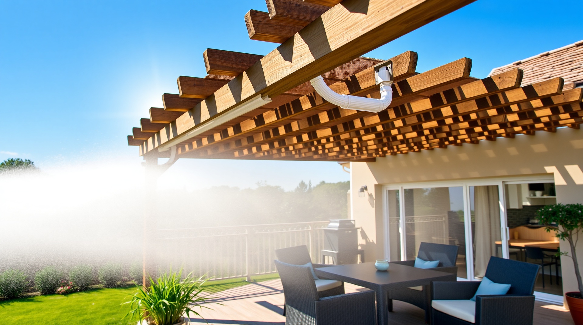 Terrasse avec système de brumisation installé sous une pergola